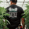 Person wearing a black t-shirt with 'Fresh Flower' graphic in a greenhouse setting