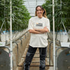 California grown cream color tee on model