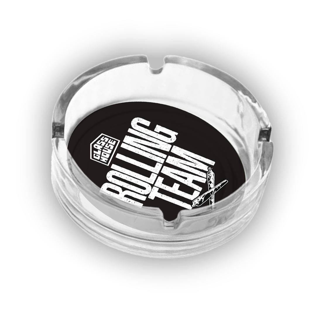  Glass ashtray featuring Rolling Team design 