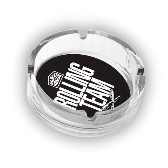 Glass ashtray featuring Rolling Team design 